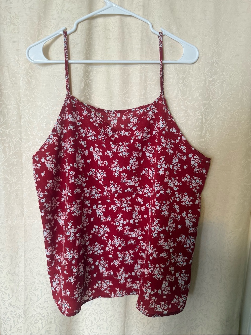 Tank Top, Women’s size Extra Large Red Camisole with White Small Floral Print